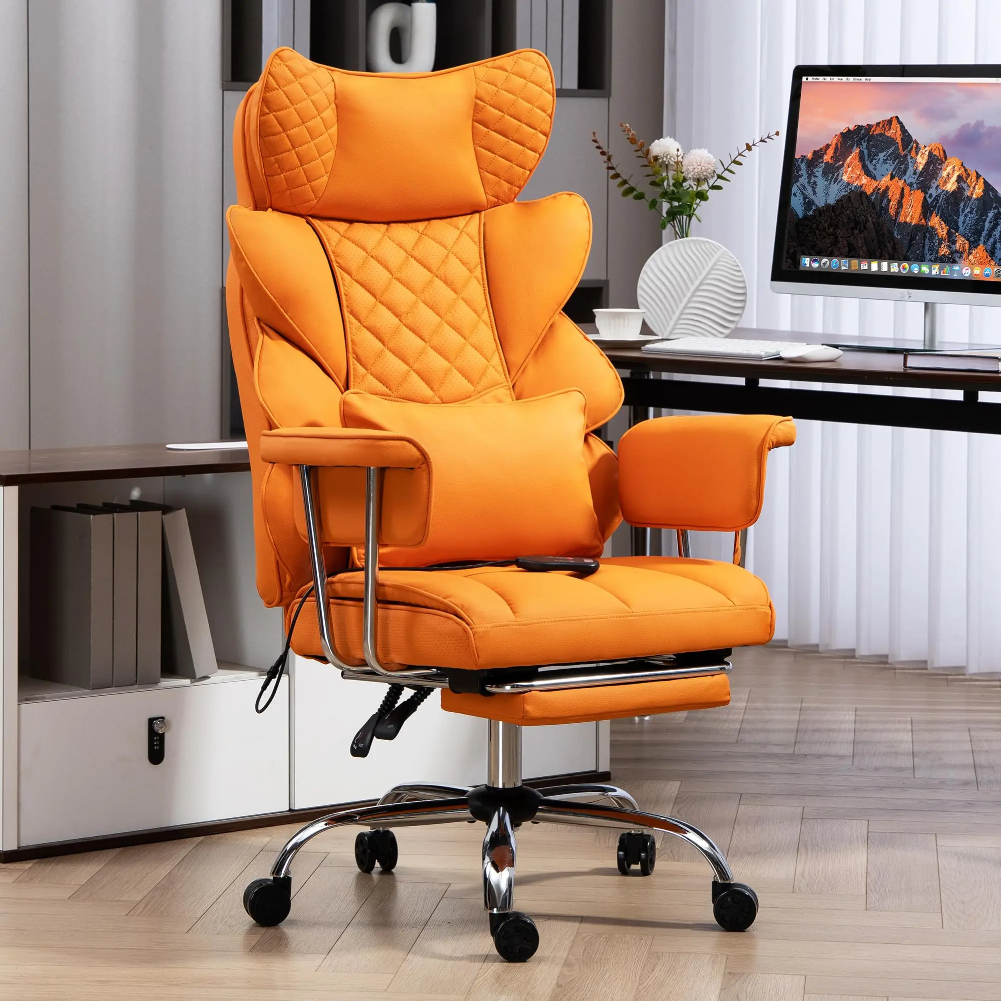 Fauteuil de bureau massant 227 kg, fauteuil de jeu confortable pour personnes de grande taille avec appui-tête et soutien lombaire réglables en hauteur, fauteuil de bureau ergonomique avec repose-pieds, cuir PU, vérin à air à 4 niveaux (orange)