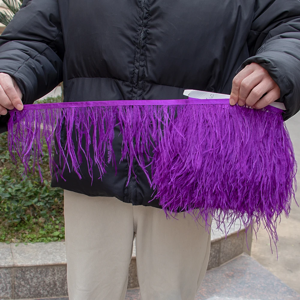 10 Meters Purple Ostrich Feathers Ribbon Trims 10-15CM Fluffy Plumes Fringe for Wedding Dress Clothes Sewing Decoration Crafts