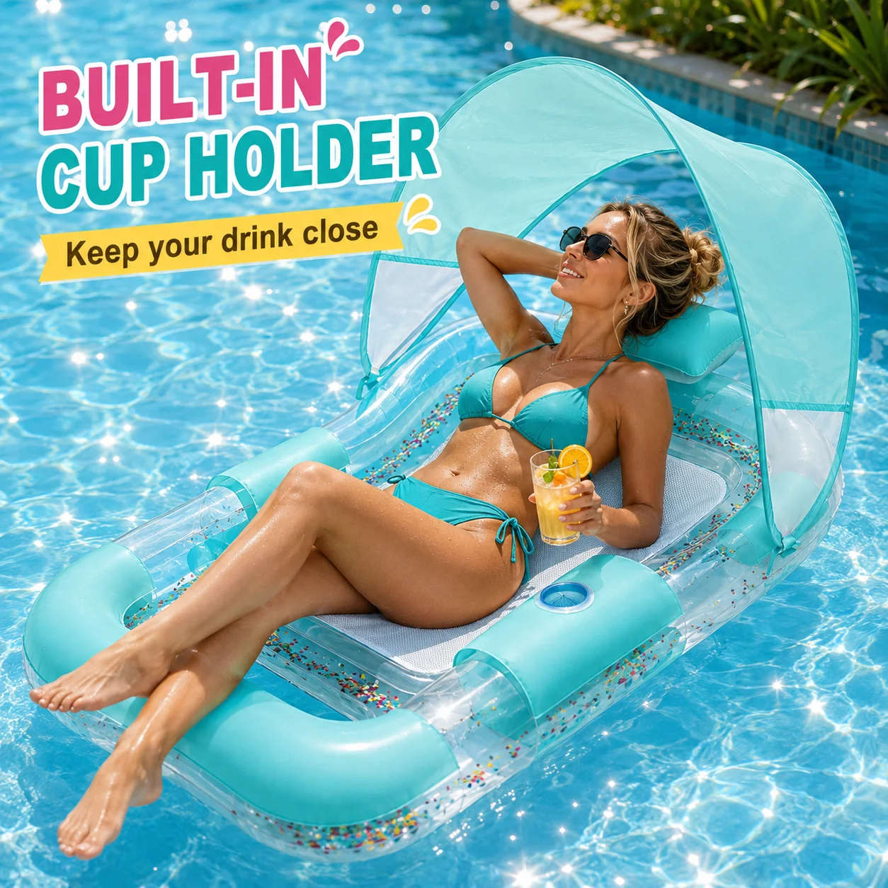1PC Inflatable Double Pool Float with Canopy Sunshade, Lounger Water Hammock Transparent Confetti Mesh Bed Lounge Raft