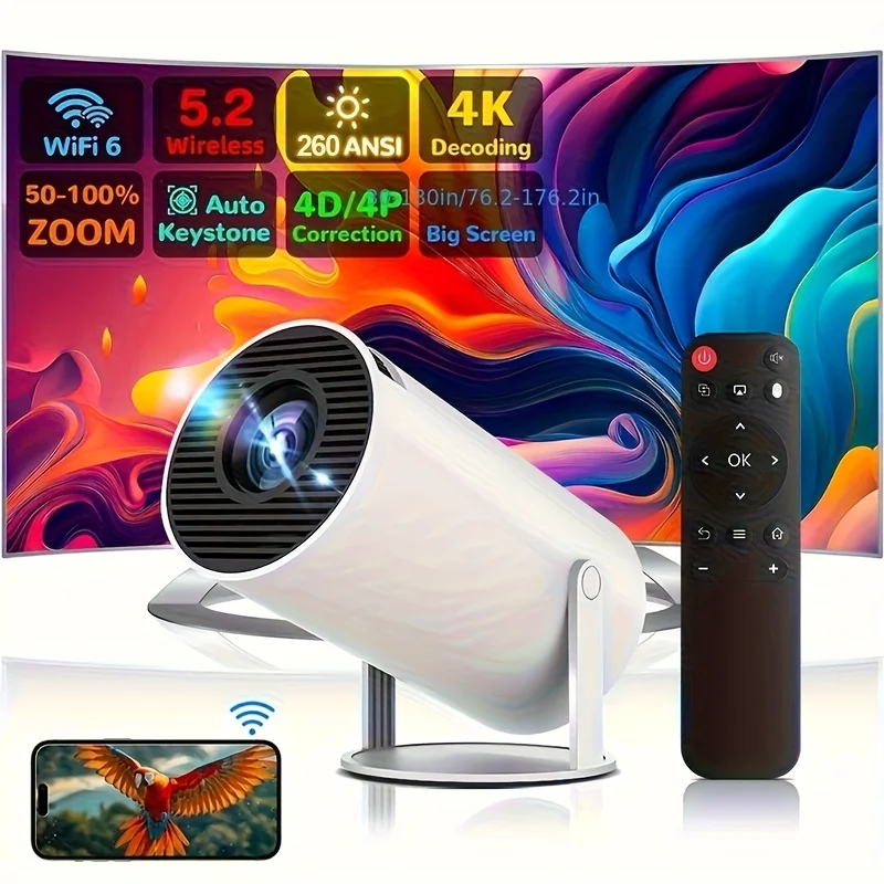 ZNLYRION Mini Tragbarer Smart-Projektor mit 4K-Dekodierung, 200 ANSI Lumen, WiFi 6, Android 11.0, 180° °   Drehbarer Heimkino-Projektor für den Außenbereich und das Schlafzimmer