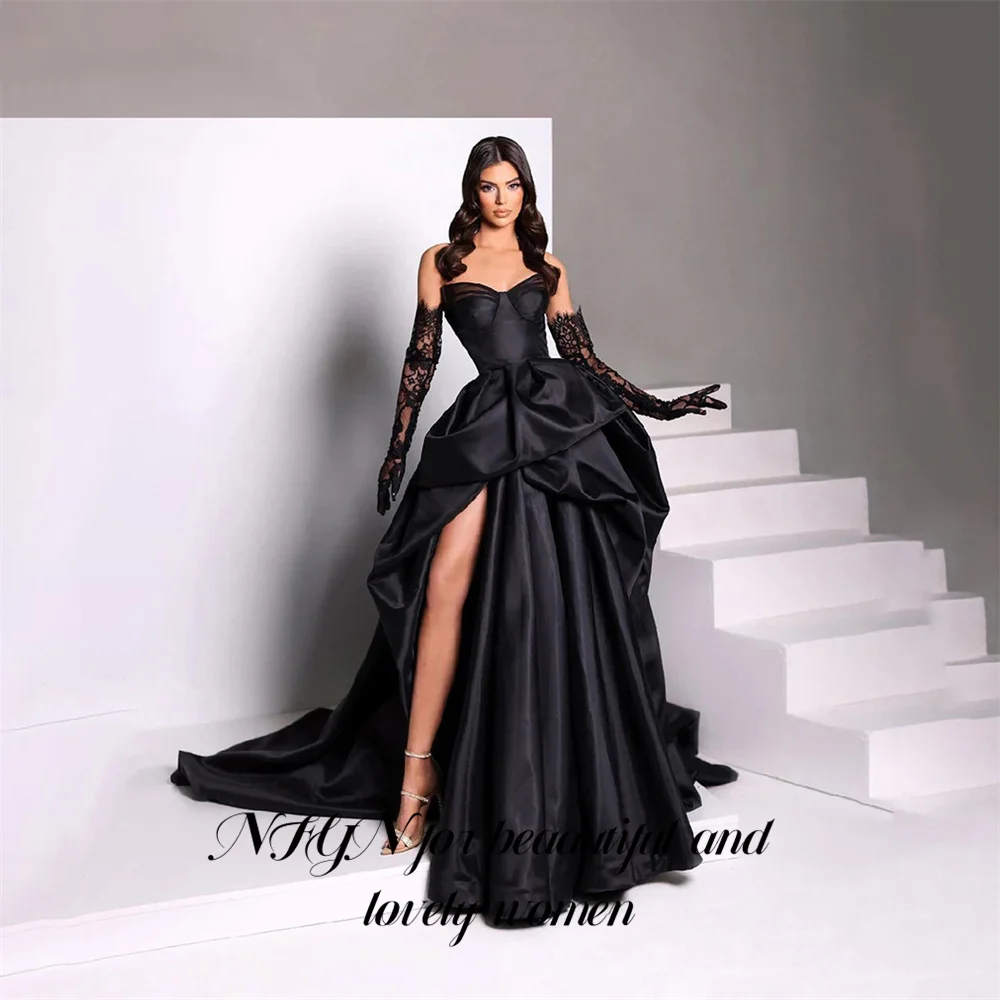 

NFYN A Line Black Prom Dresses Sweetheart Stain Party Dresses Pleat Side Split robes du soir Wedding Darty Dresses Customized