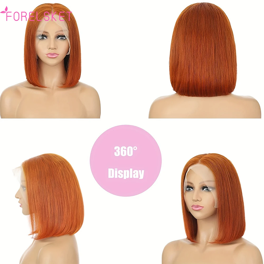 Peruca reta Bob para mulheres, pré arrancadas, atalho, cabelo virgem peruano, peruca de renda, renda HD, laranja Bob, parte do meio, densidade a 180%, 13x4