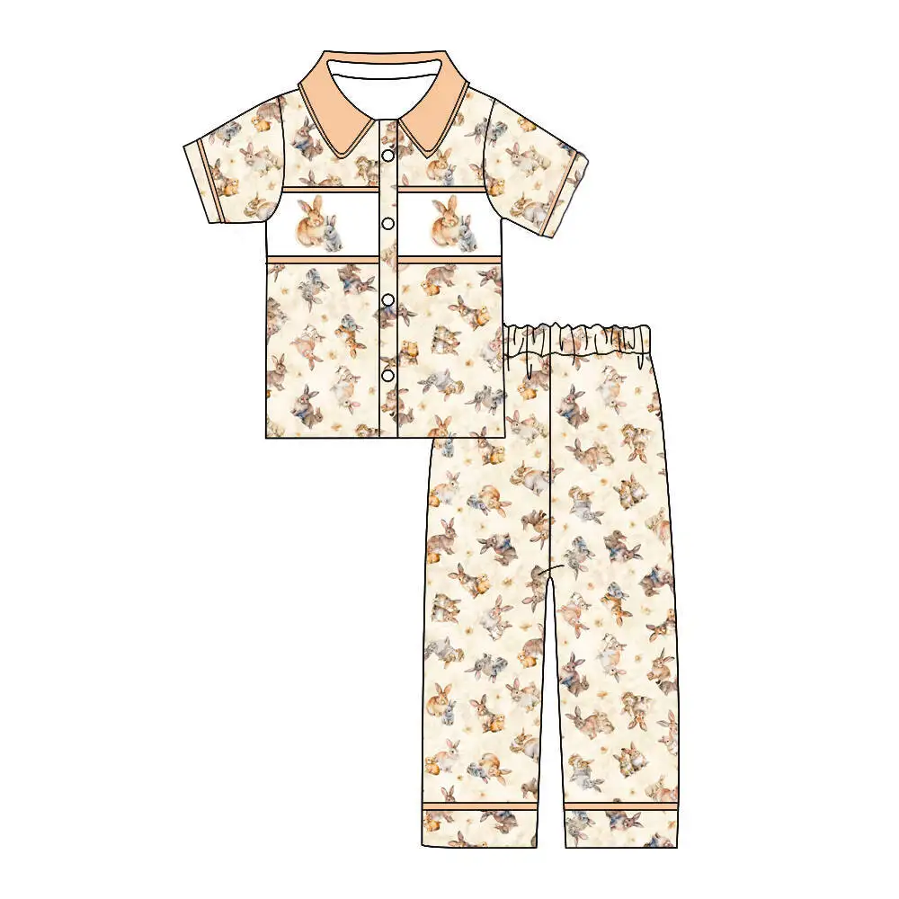 Boutqiue Easter Children's Clothing Short-Sleeve Heart-Shaped Pocket Girl Set Bunny Print Boy Pajama Set 2-Piece Set