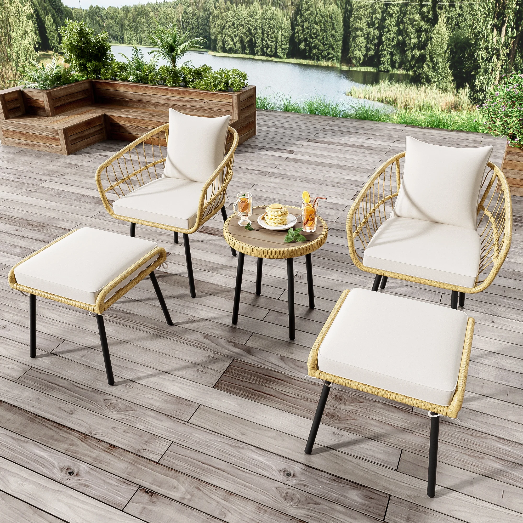 Tuinset met 1 tafel, 2 stoelen en 2 krukken - LPOSPI cousins - Rotin en Polyester - Wit en Naturel