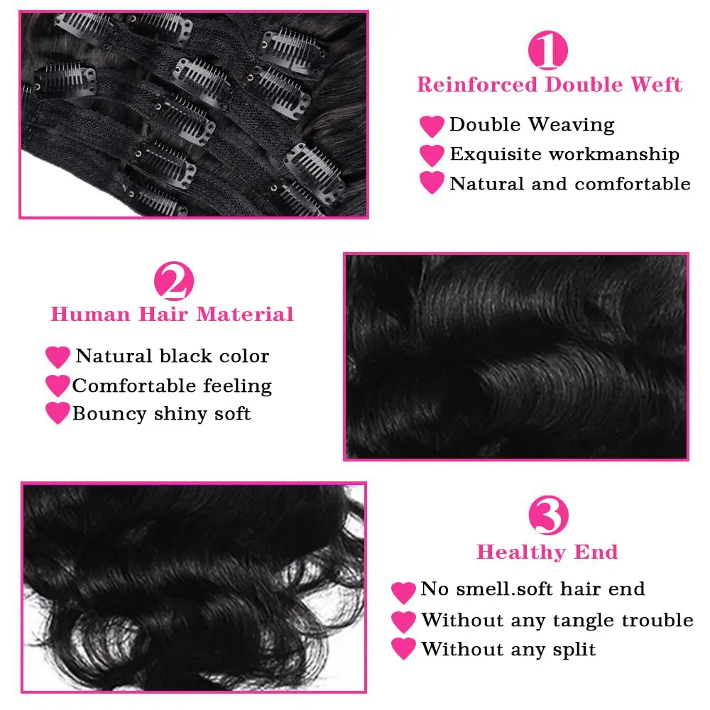 Clip in Hair Extensions Human Hair Deep Wave Natural Black Color Invisible Clip Ins Human Hair Extensions Seamless 8Pcs 120G/Set