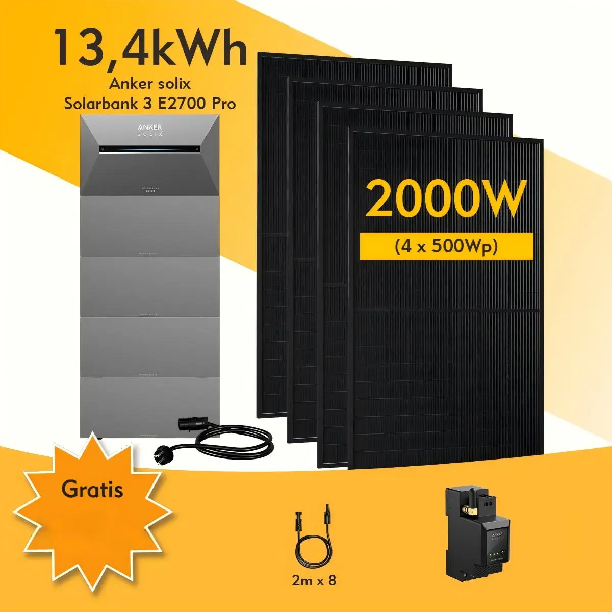 Anker SOLIX 3 Pro Balkonkraftwerk 2000W, Solarbank mit 4*BP2700 2680Wh Speicher, 4×500W Solarmodule, Anker Smart Meter, 4 MPPT, Plug&Play