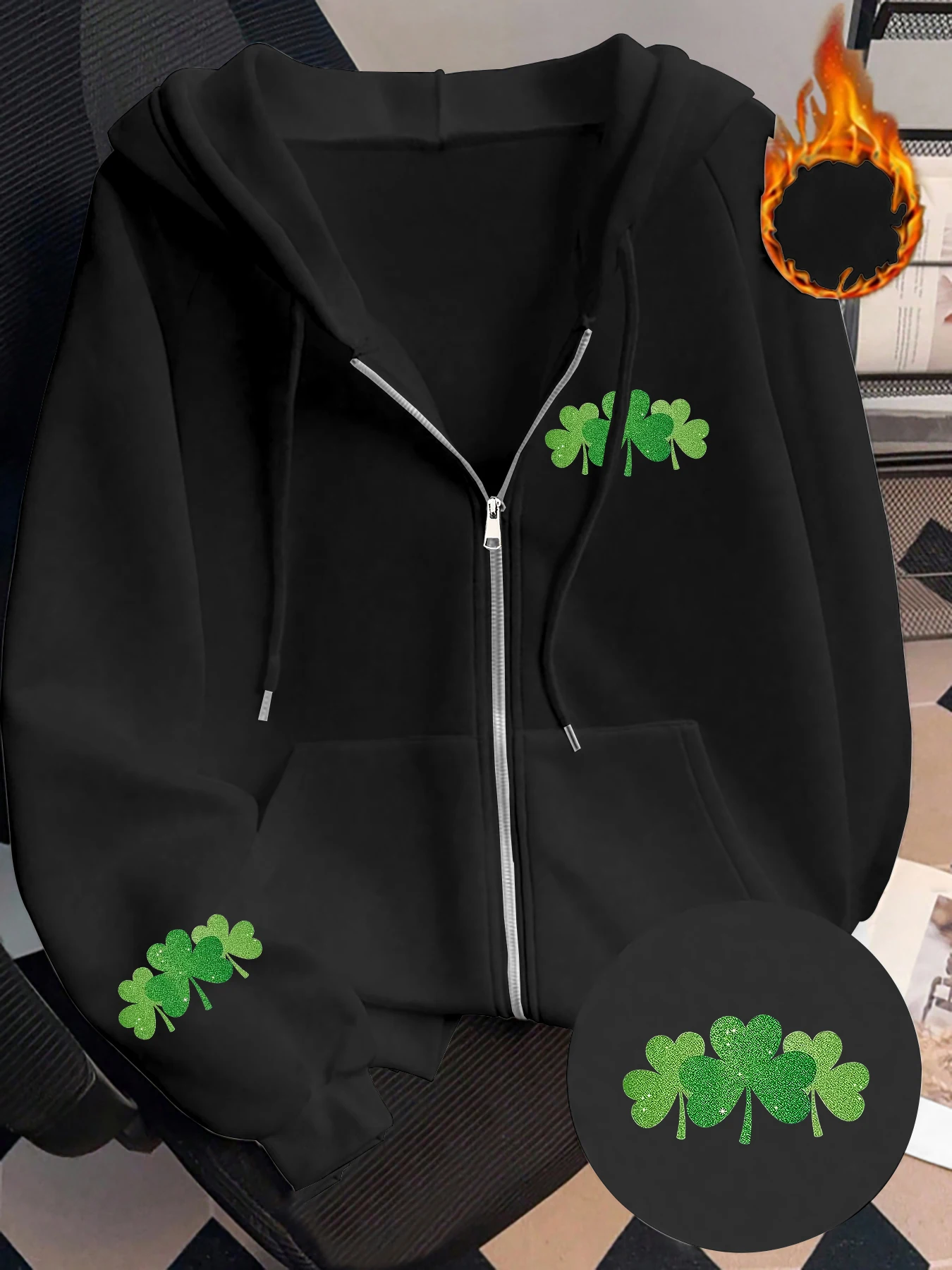 

[Shiny Green Clover] Autumn and Winter Fleece-Lined Zip-Up Hoodie, Fresh Grass Leaf Print, Youthful and Age-Reducing Casual Top