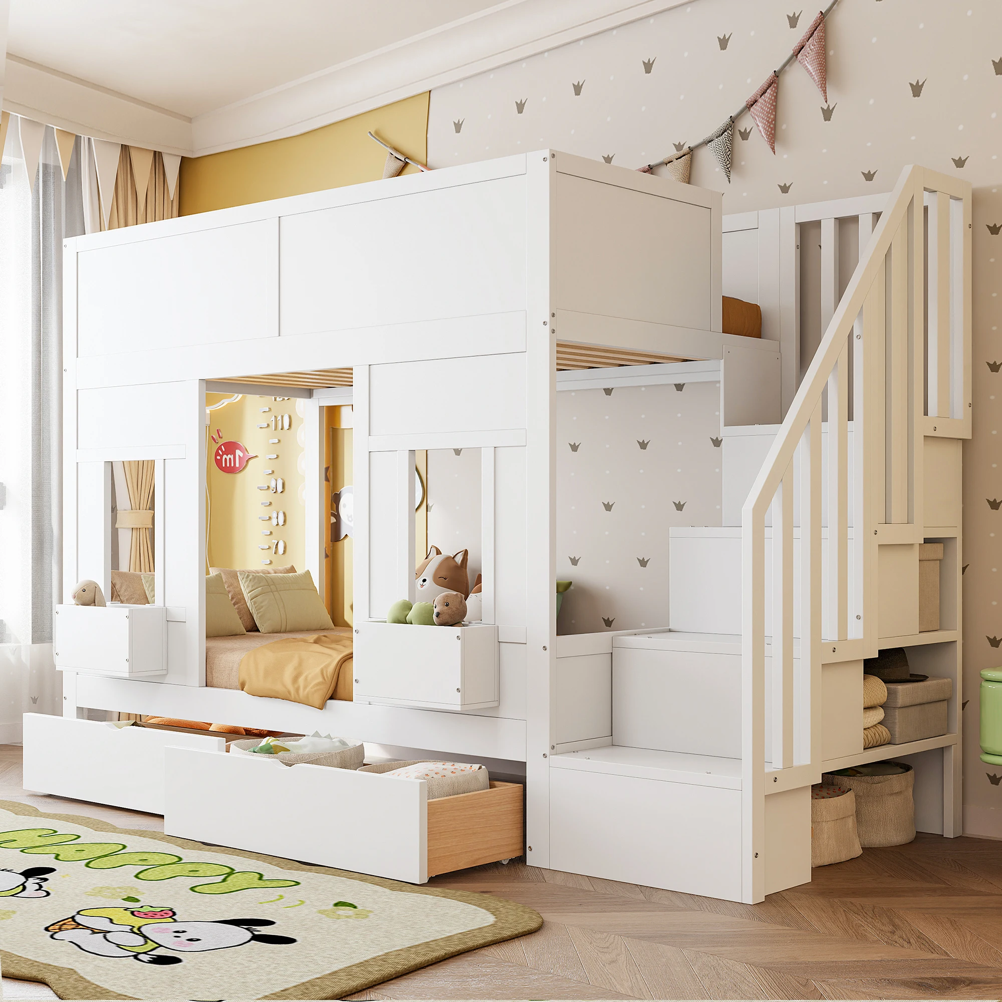 Lit mezzanine enfant 90x200cm en bois, escalier avec tiroirs de rangement, garde-corps sécurité et fenêtres, gain d'espace