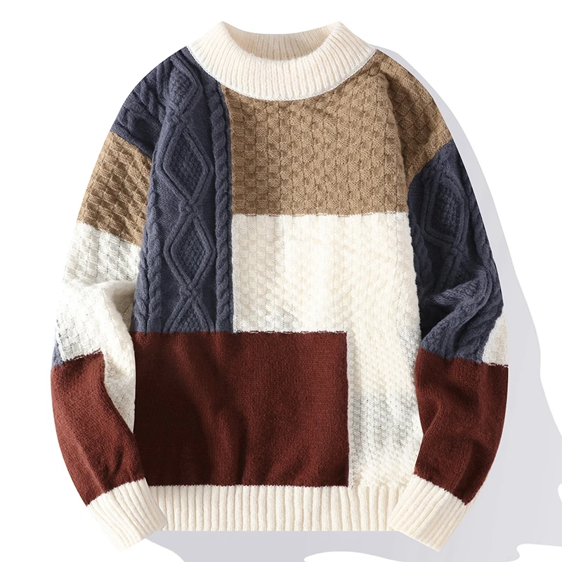 

New Autumn Winter Sweater Men Fashion Patchwork Knitted Pullovers Mens O Neck Casual Sweaters Streetwear Knitting Pullover Man