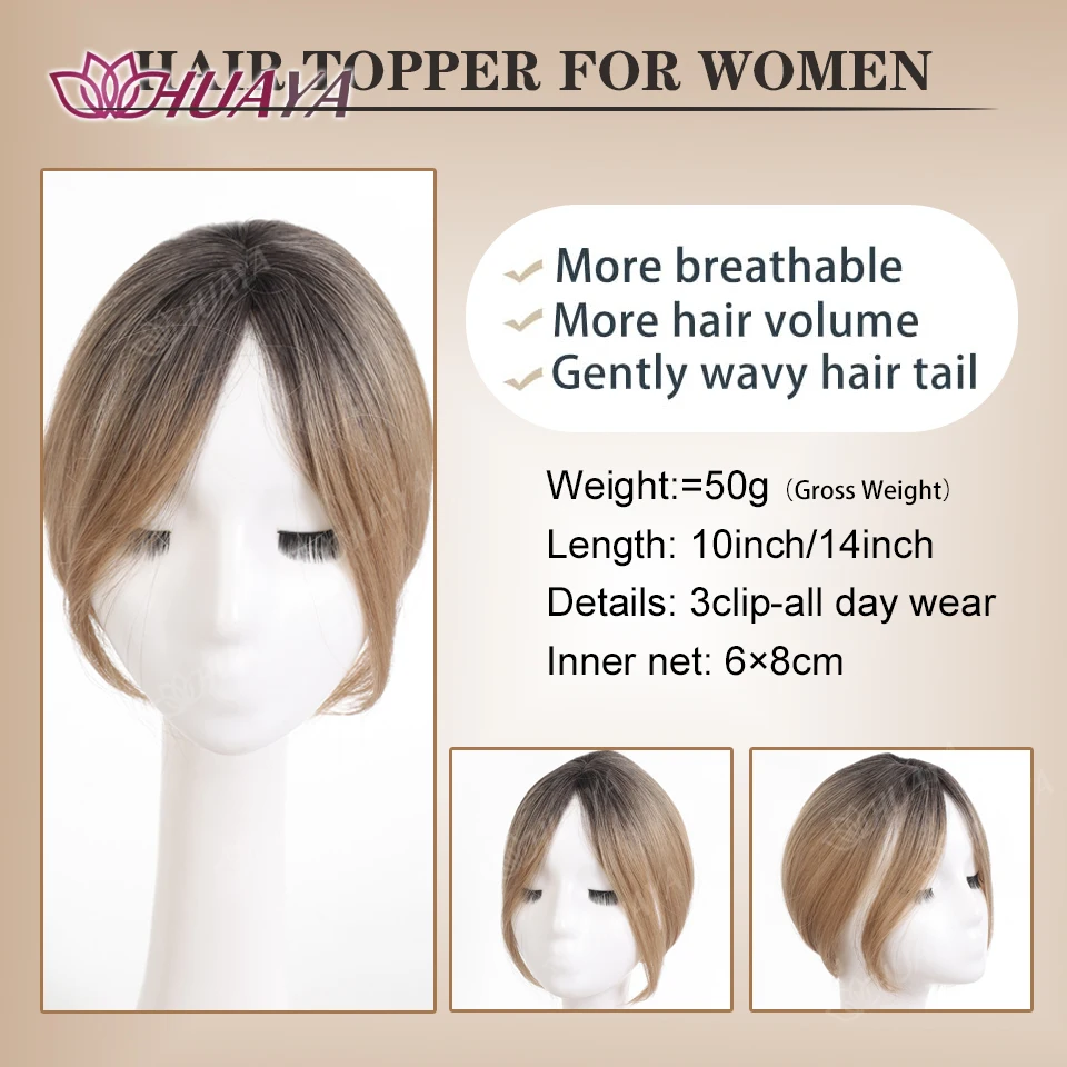 Synthetic Hair Topper With Middle-part Bangs  Brown Black Ombre Golden Invisible Toupee Hairpieces Top Hair Closures for Women image 3