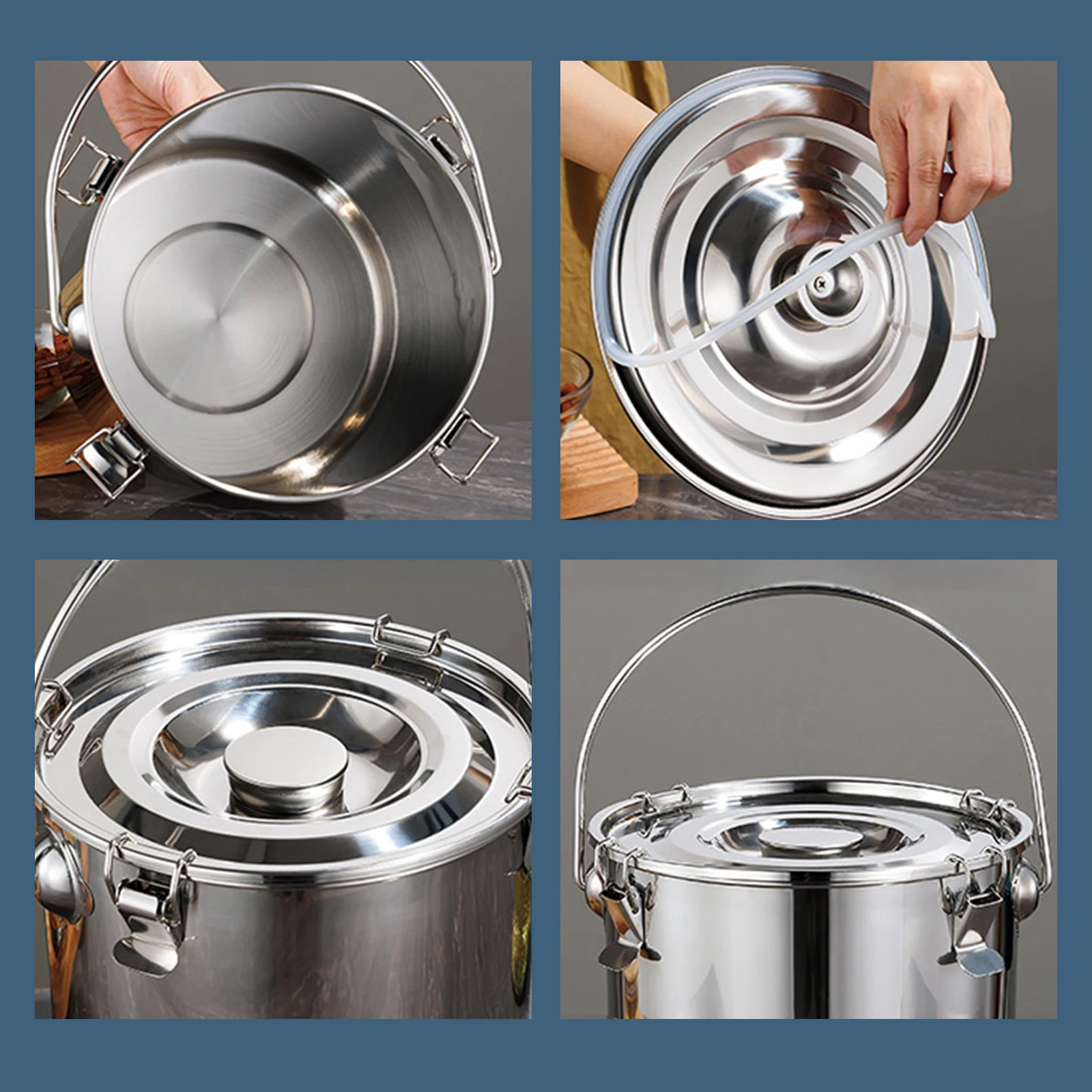 Stainless Steel Multipurpose Stock Pot Bucket With Lid Portable Stainless Steel Bucket Large Capacity Rice Bucket Sealed