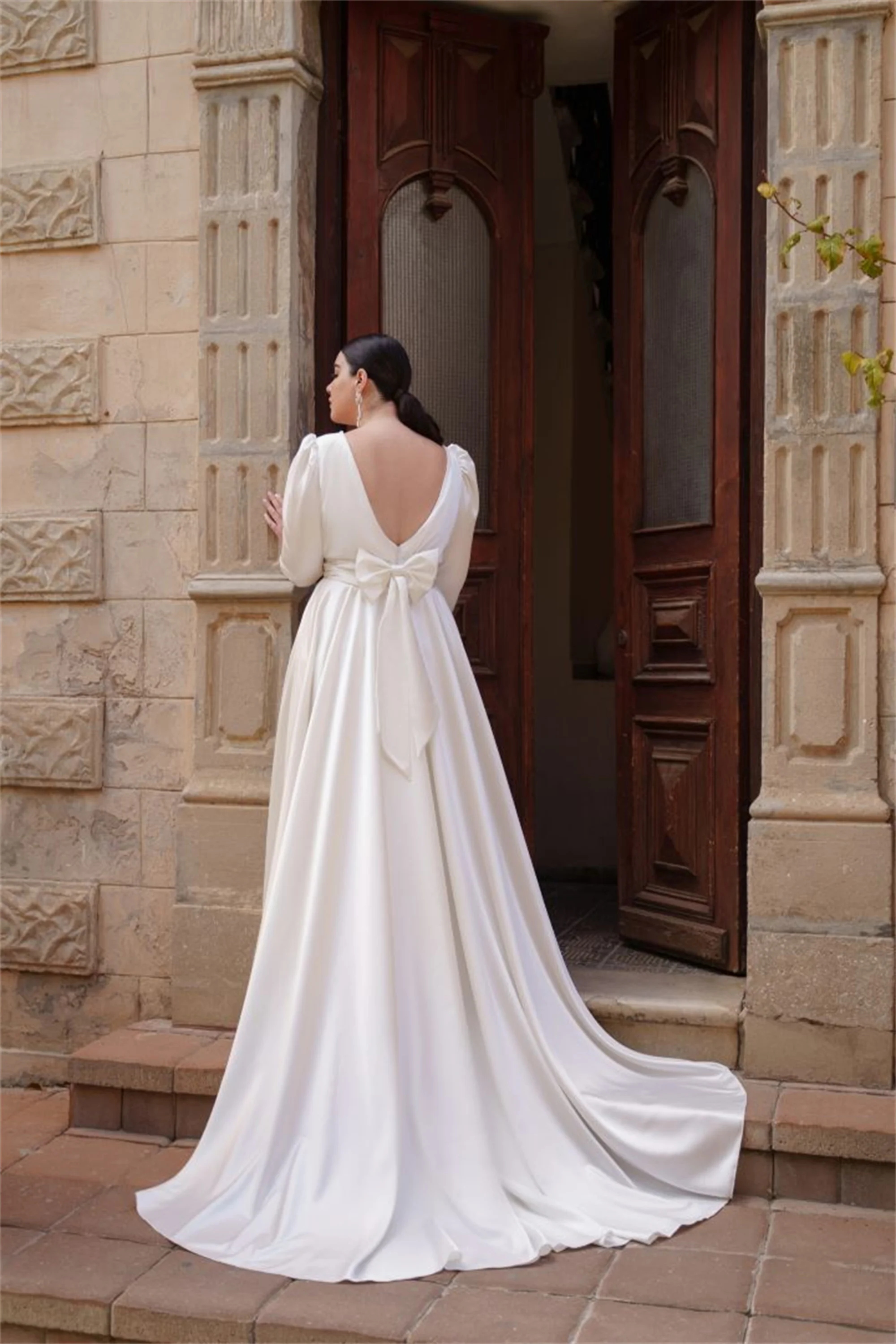 V-Neck Satin Long Sleeves Large Size Wedding Dresses Customized Back Bow Bride Dress A Line Vestidos De Novia EVON BRIDAL