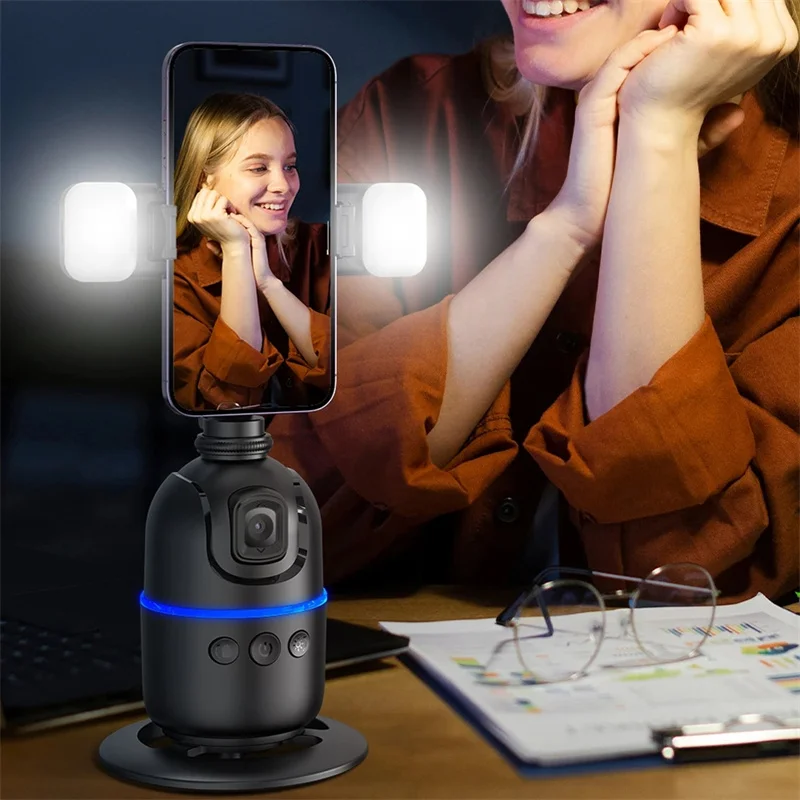 Smart Auto Face Tracking Desktop AI Gimbal for Smartphone & Action Camera 360 Rotation Follow Focus Vlog Kit, Option with light