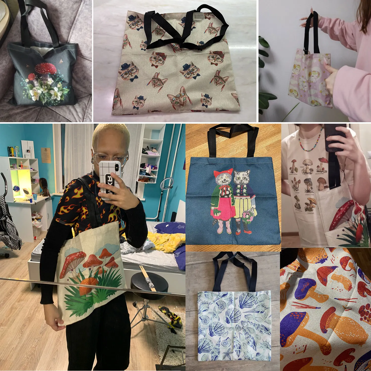 Foldable Tote Cute Cat Print Cartoon Animal Eco Reusable High Capacity Shopper Bag Lady Portable Handbag Shoulder Bag