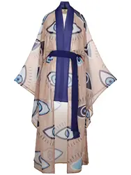 Cover-ups Evil Eye Printed Kimono Women Handmade 2023 Beach Dress Swimwear Pareo Kaftan Long Sleeve Oversize Boho Beachwear