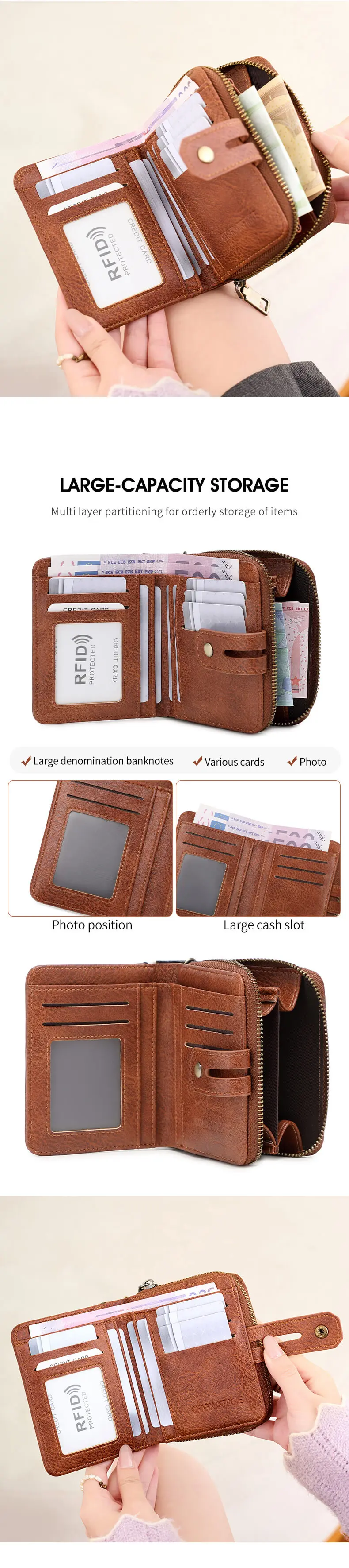 Damen RFID-Diebstahlschutz Retro-Mode Kurze Geldbörse Multifunktionale Tragbare Reißverschluss-Geldbörse mit Schlüsselanhänger und Mehreren Kartenfächern – Detail 2