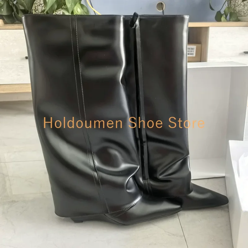 

Black Glossy Patent Leather Sexy Women's Trousers Boots Fashion Pointed Toe Side Zipper Long Boots Fall Winter Trench Coat Boots