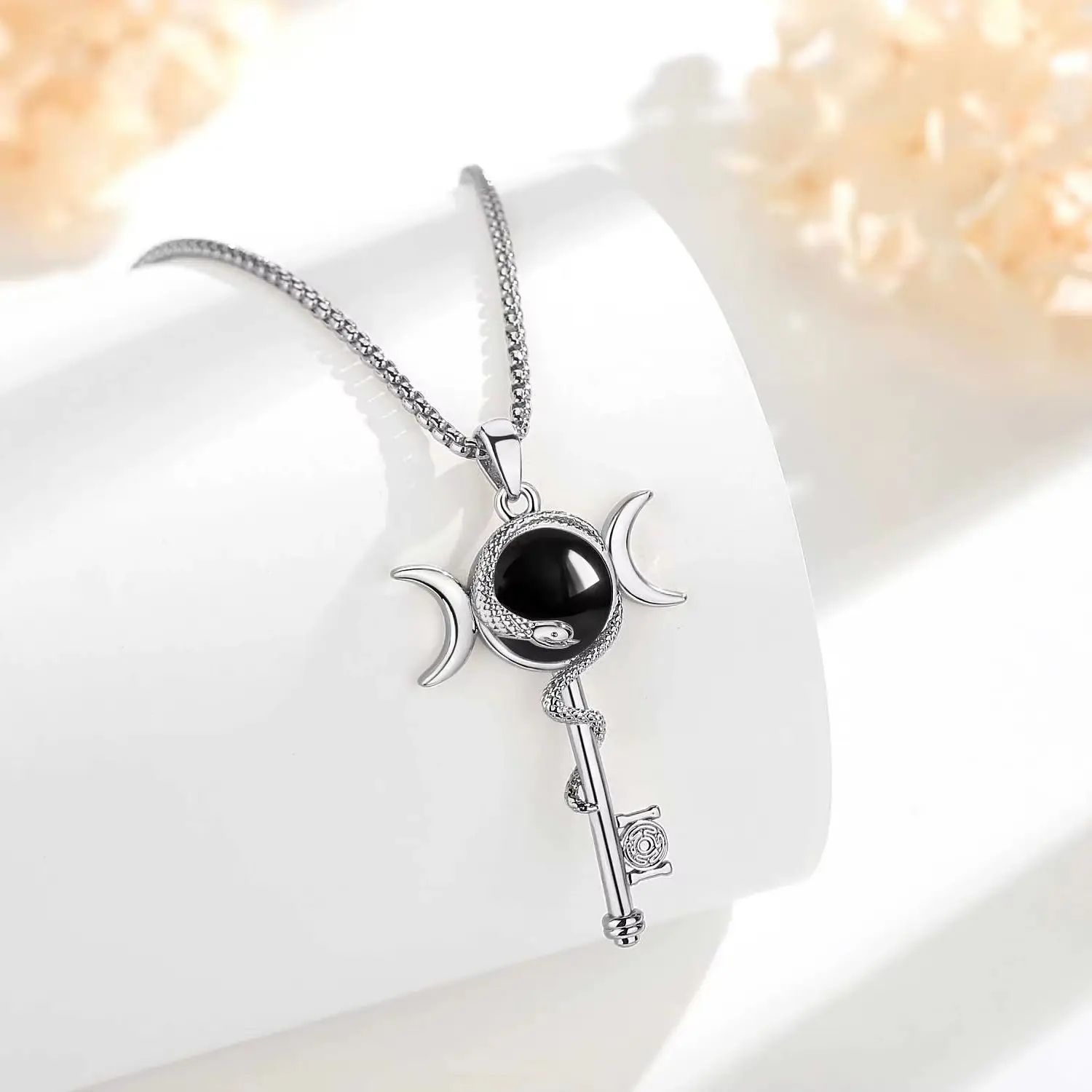 Eudora Hecate Wheel Key Obsidian Necklace Triple Moon Goddess Snake Amulet Pendant Wicca Spiritual Jewelry Gift for Women Men