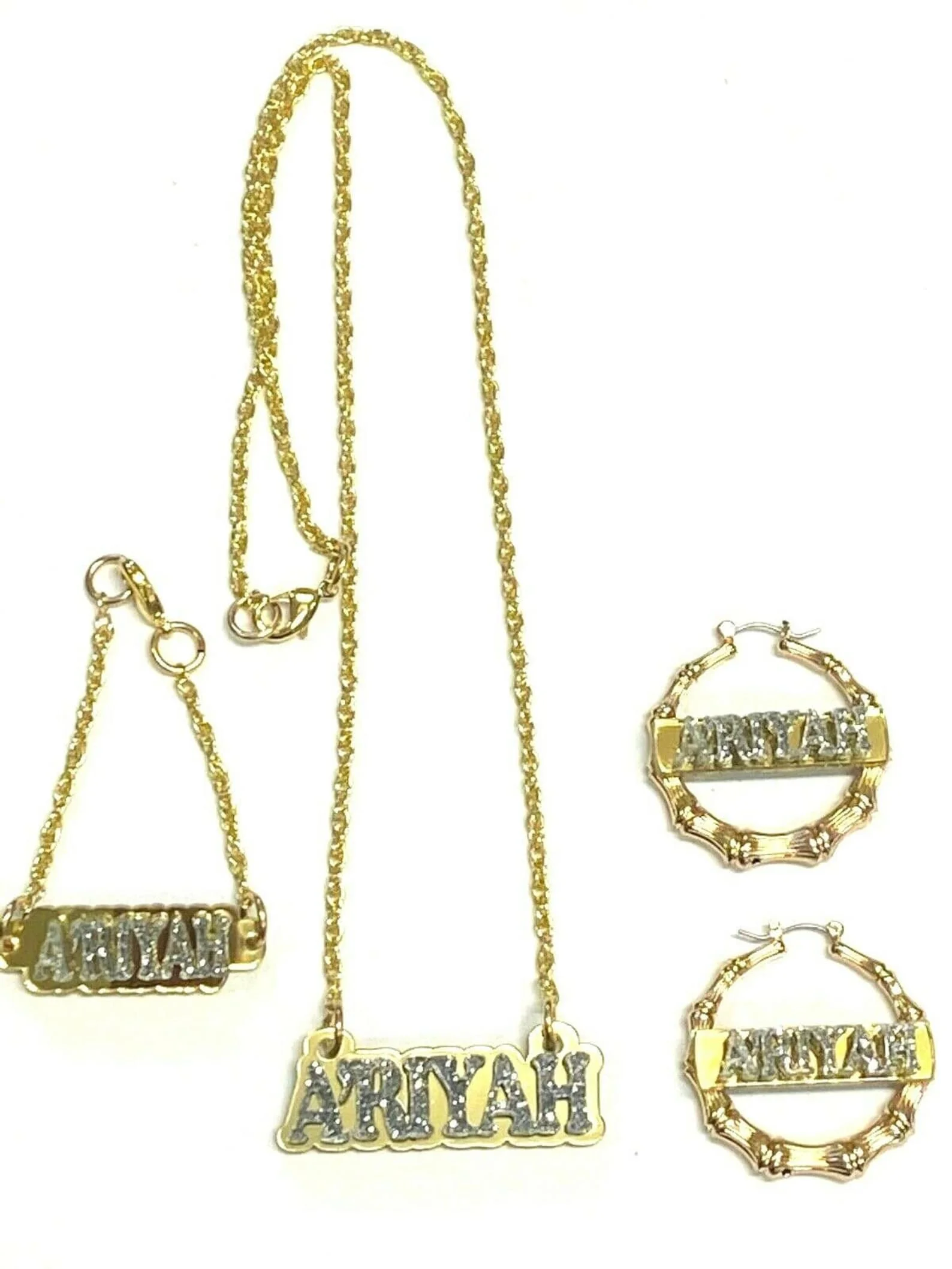 Personalized Matching Necklace Bracelet and Bamboo Earrings with Custom Laser-cut Nameplates for A Dazzling Diamond Look