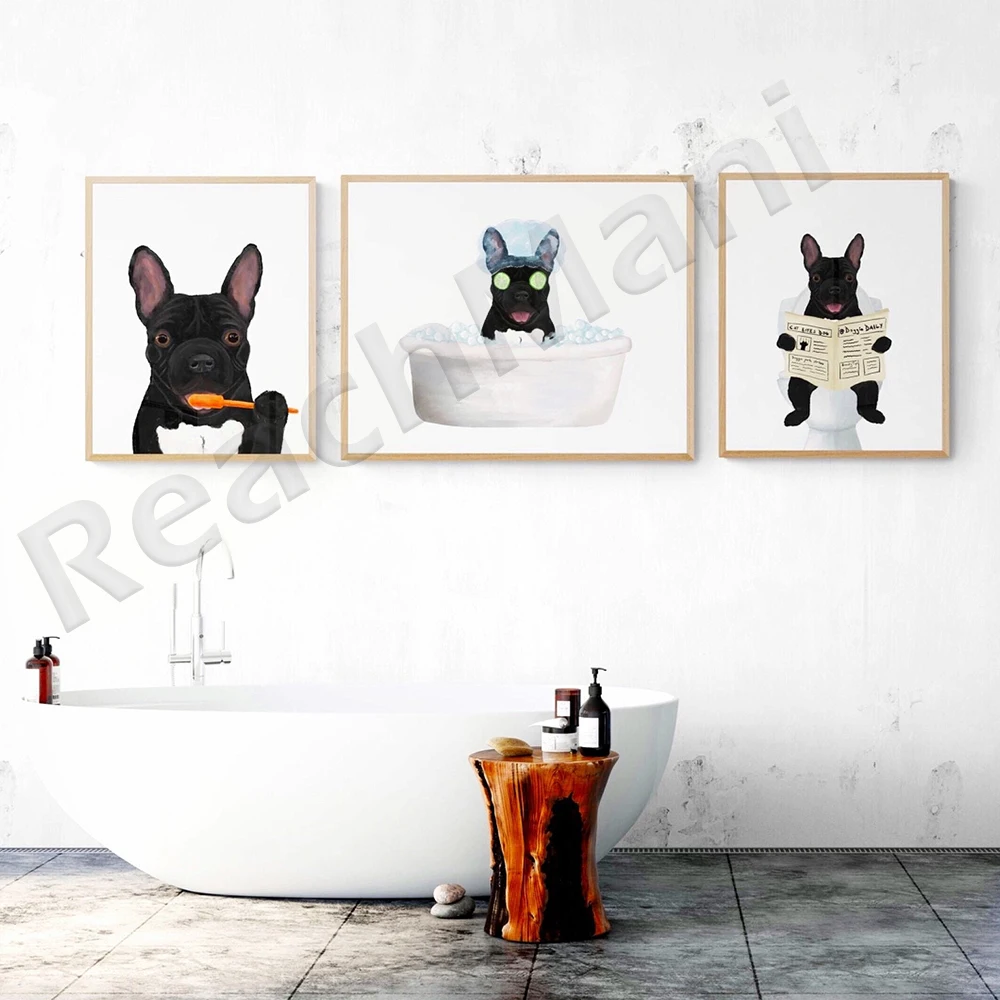 

French bulldog, black french bulldog with toothbrush, black dog on toilet, dog illustration in bathtub, dog love poster