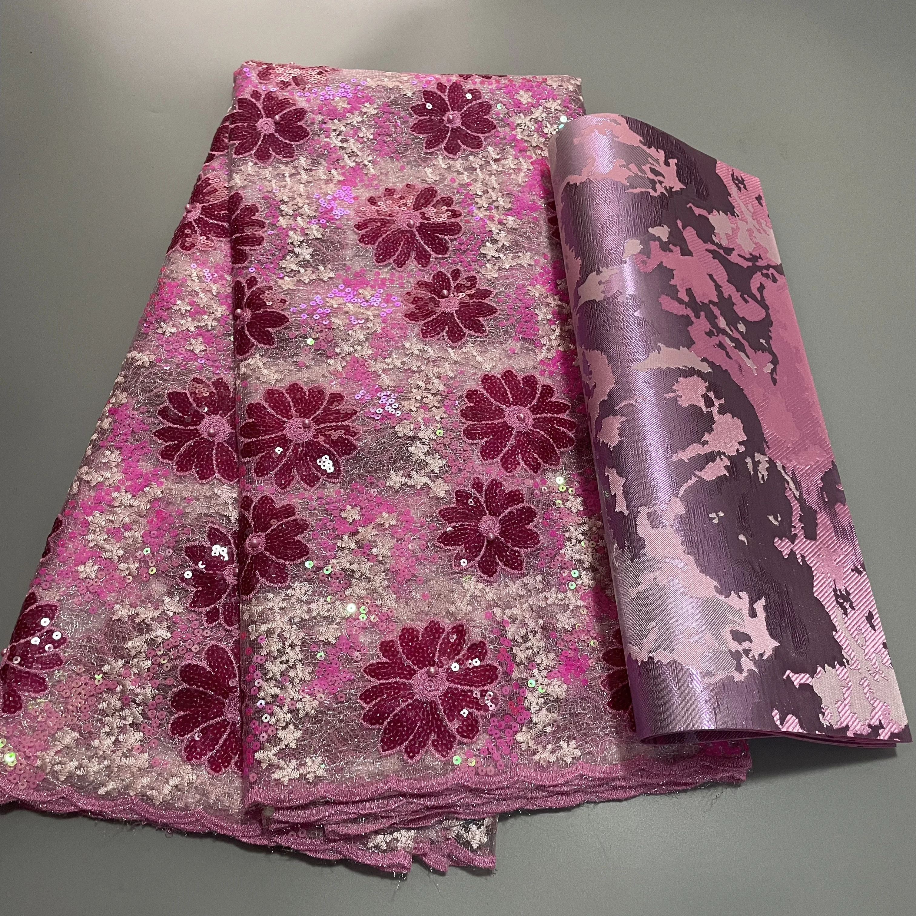 Luxury Nigerian Sequins Pink Lace Fabric High Quality African Guipure French Lace Material 5Yards With 3D Sego Headtie Wrap 2PCS