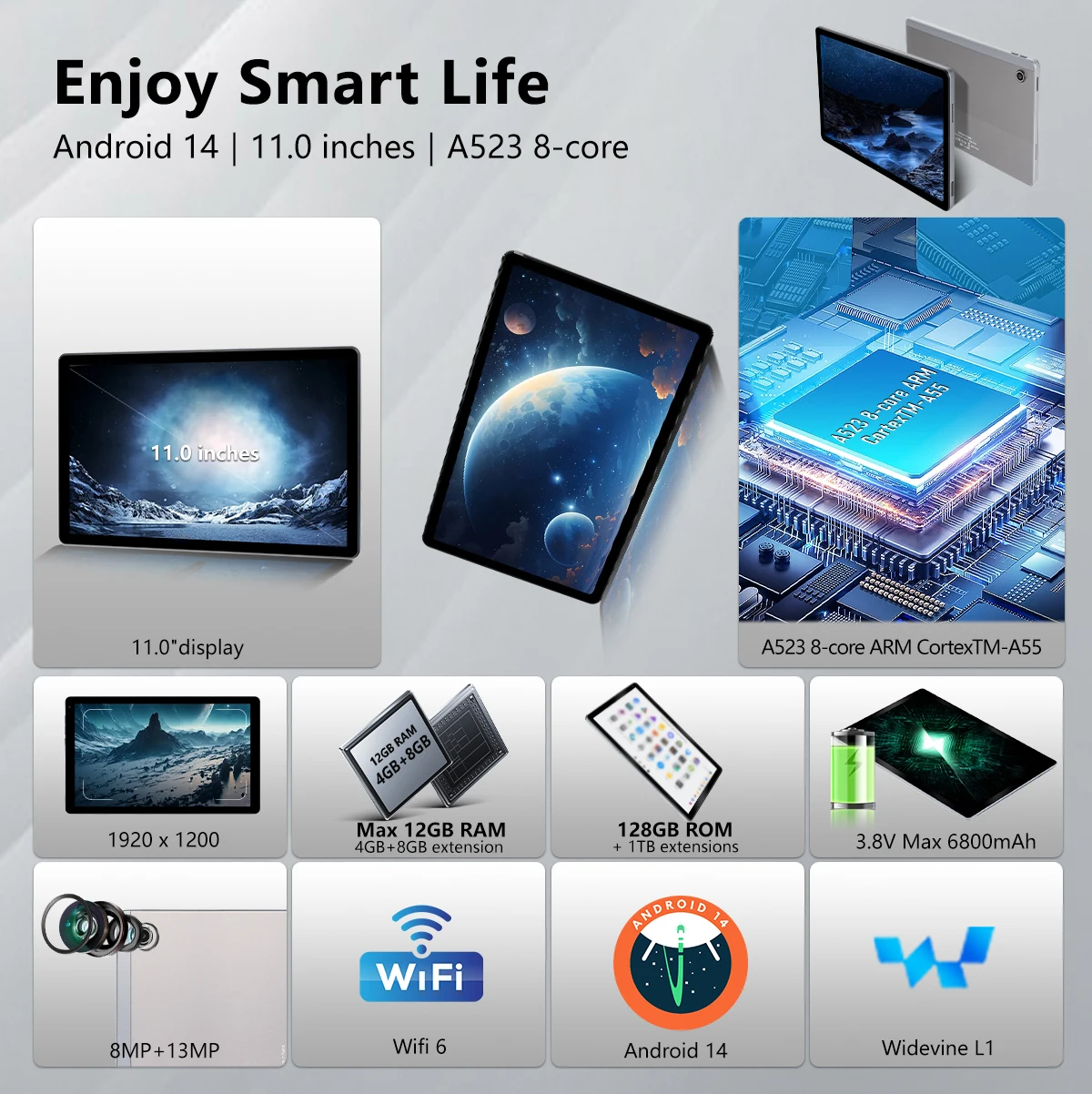 C9 + tableta Android14 de 11 pulgadas procesador octa-core 12GB RAM + 128GB ROM ampliar 1TB TF 5MP + 13MP pantalla HD batería de 6800mAh