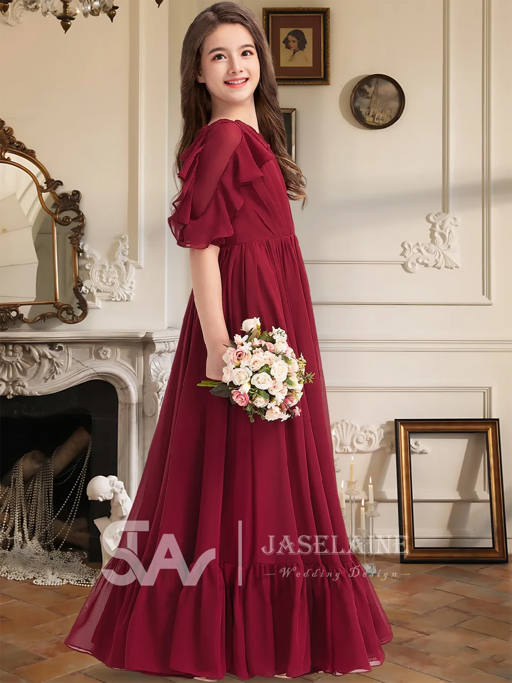 B キッズ ジュニア ブライズメイド ドレス マキシレングス シフォン Aライン スクープ 1/2 スリーブ フラワーガールドレス ガールズ パーティードレス 結婚式 フォーマル