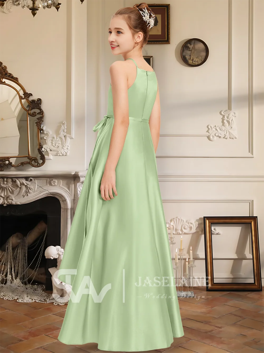 A Line Halter Asymmetrical Satin Junior Bridesmaid Dress Sleeveless With Belt Sash Pockets Flower Girl Dress Wedding Formal