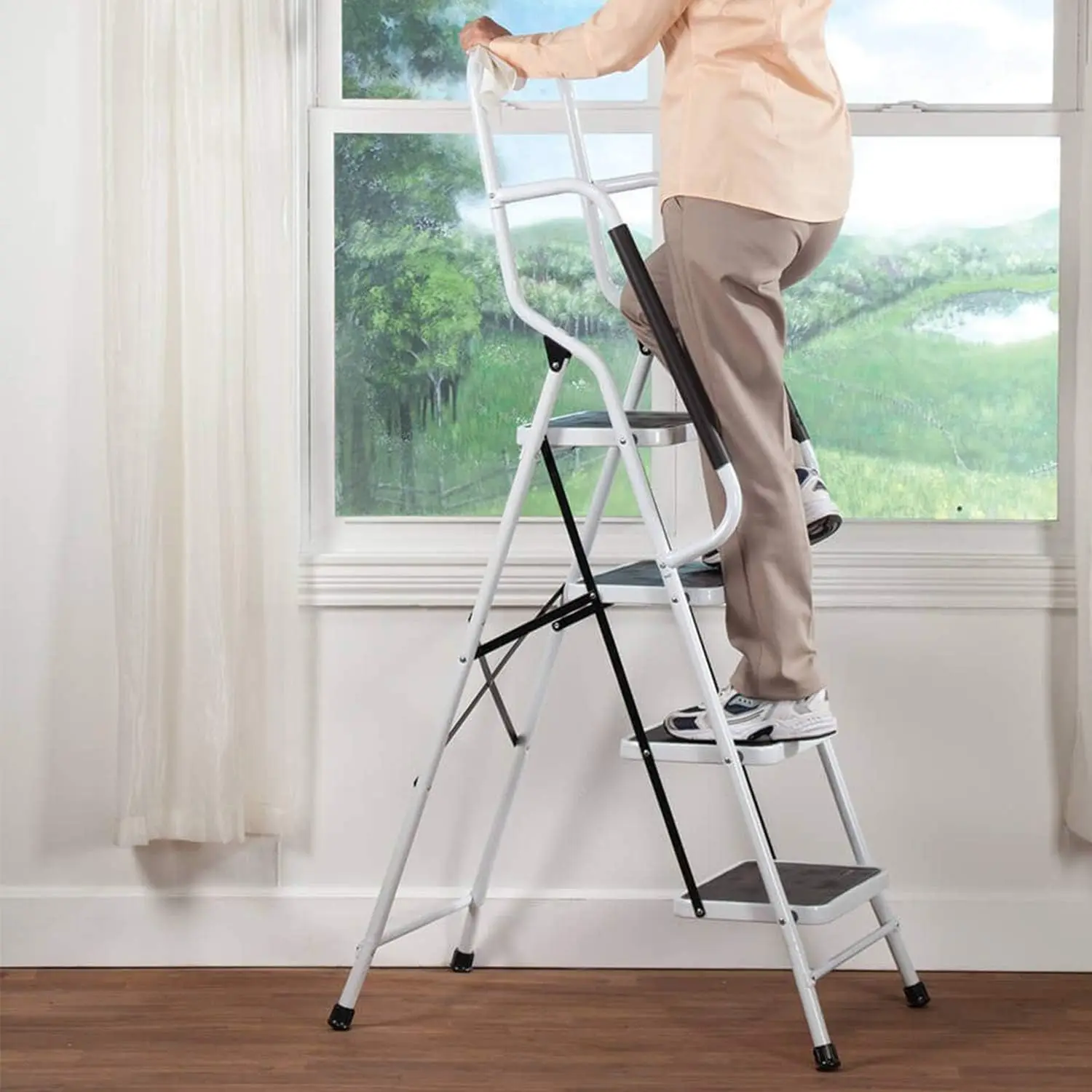 Escada com corrimãos, escadas portáteis dobráveis, armação de aço, cozinha doméstica, 4 Step Stool, 500 lb Capacidade