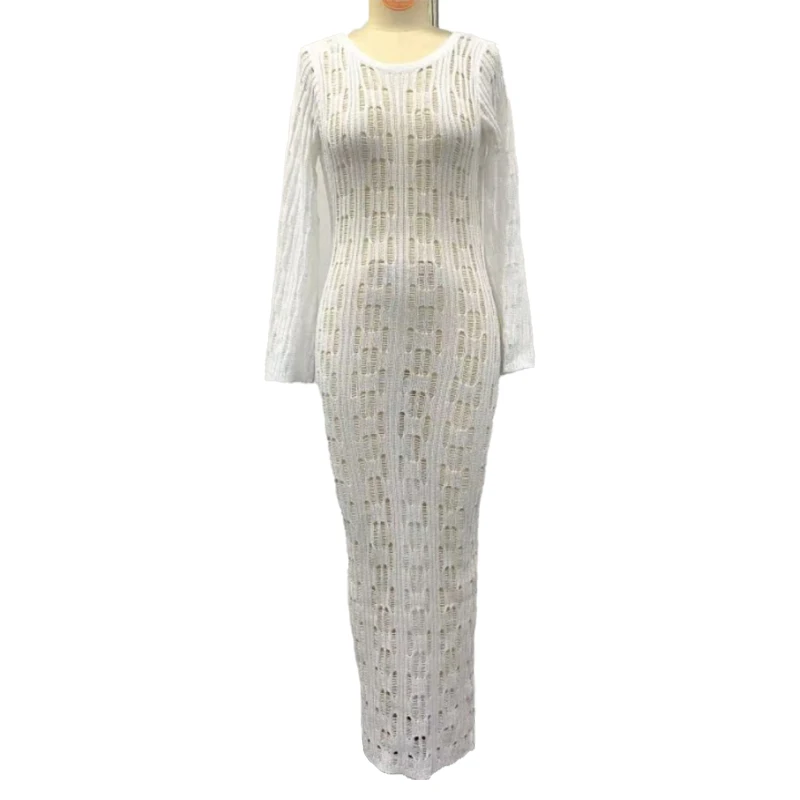 One Piece Sexy Backless Bandage Knit Dress, Long Sleeve Crochet Swimsuit Women Swimwear, Summer Beach Bikini Cover up sarong