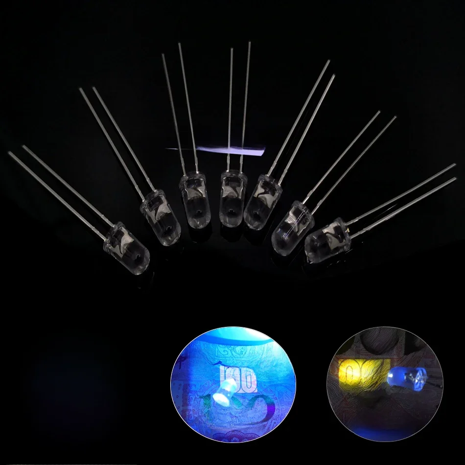 5mm lampe à LED violet Ultra Violet Ultra lumineux 395nm 380nm 365nm UV LED Diode lampe électroluminescente 20mA rond lentille claire d'eau