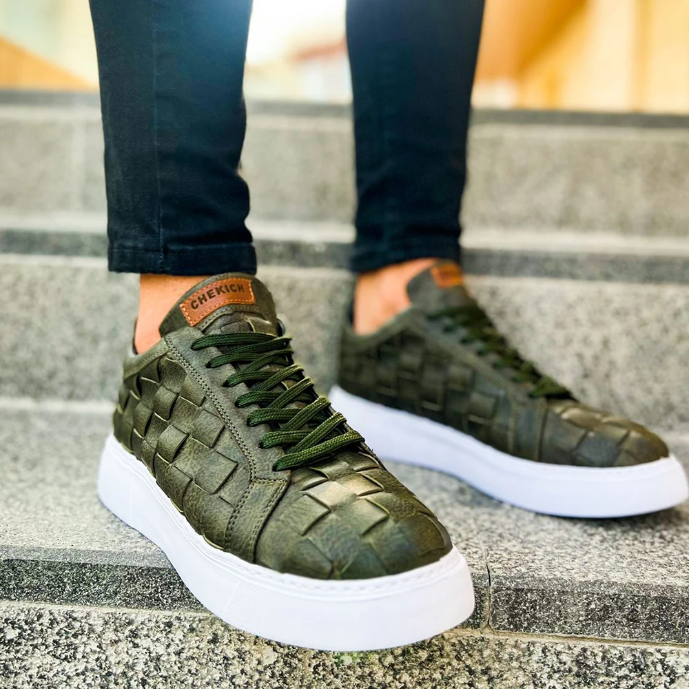 FOH Store Sneakers for Men GREEN Artificial Leather 2023 Spring Autumn Casual Lace Up Fashion Shoes High Base Sport Comfortable Light Vulcanized