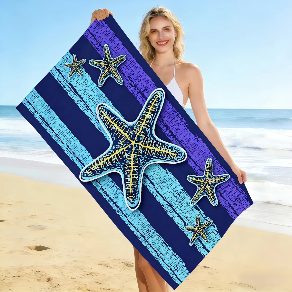1pc starfish vertical stripe beach towel, ultra-fine fiber absorbent and quick drying towel, oversized swimming towel,