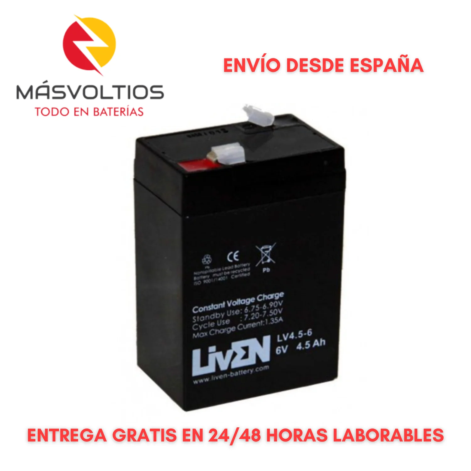 LIVEN LV4.5-6 Battery 6V 4.5Ah lead AGM rechargeable for toys, SAI, UPS, security and alarm systems, electrical uses