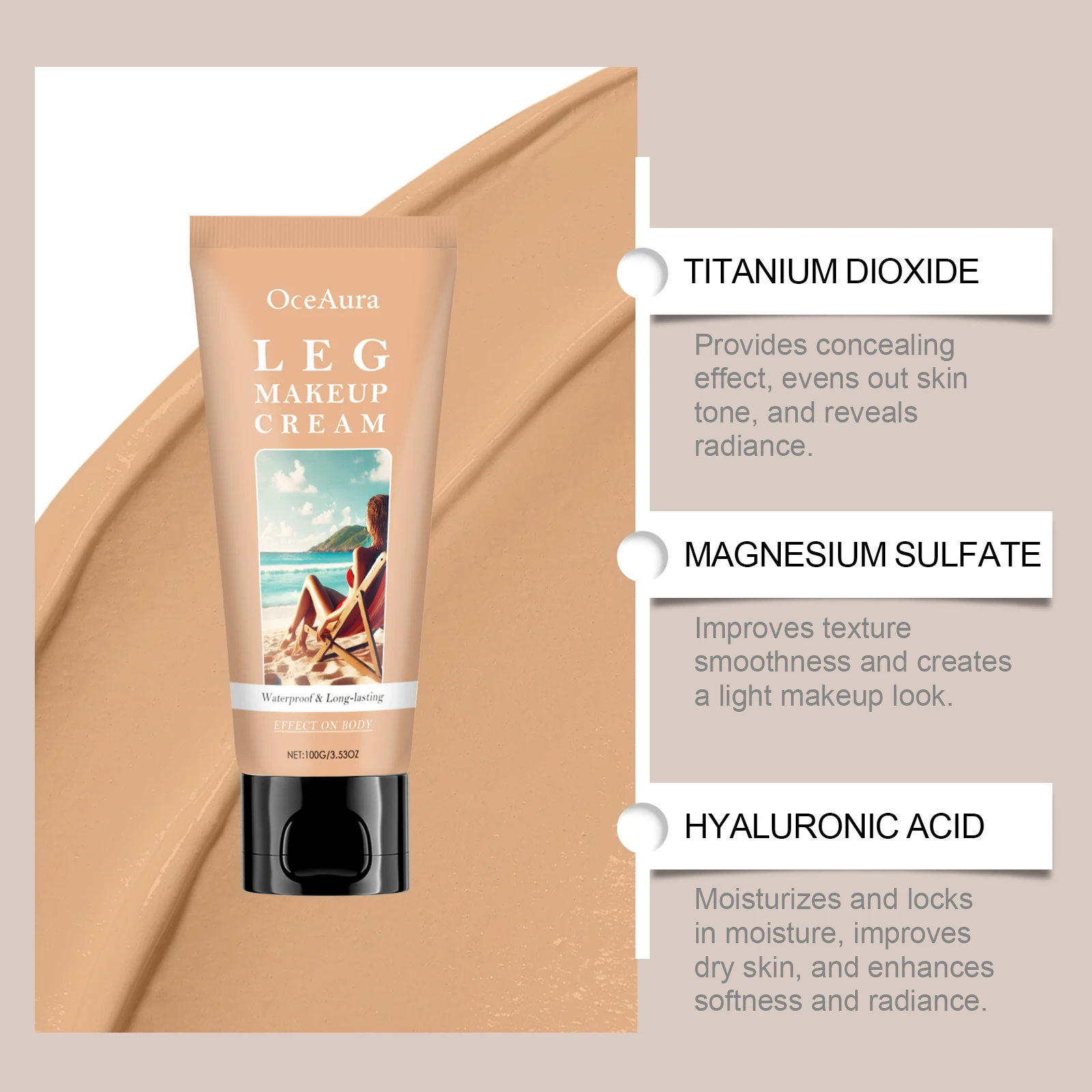 OceAura Leg Makeup Cream Body Foundation Enhance Radiance Natural Bronze Skin Waterproof Moisturizing Tanning Body Concealer