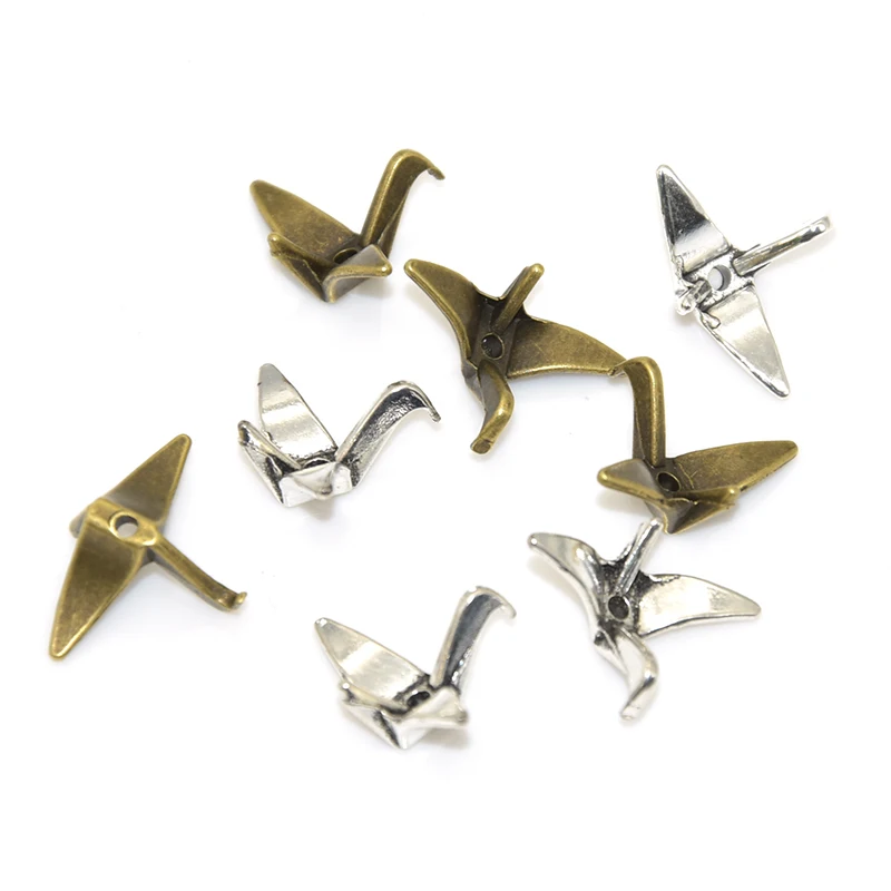 20pcs Paper Crane Shape Spacer Beads Charms Alloy Metal 3D Origami Crane Beads Loose Bracelet Connector For DIY Jewelry Making