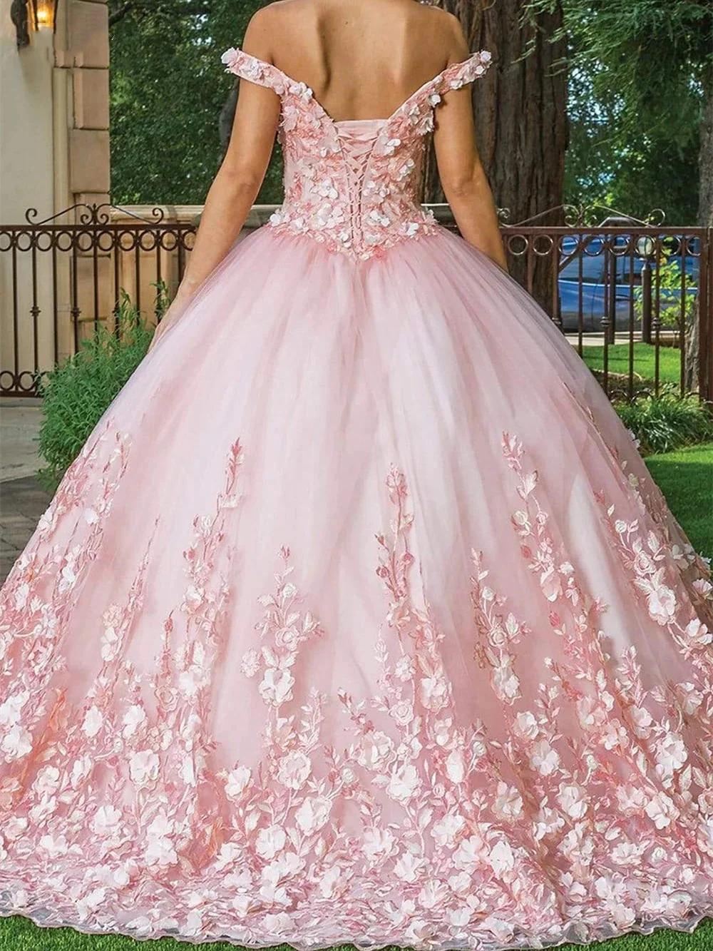 CloverBridal Vestido De quinceañera, traje De baile sin hombros, apliques florales en 3D, color rubor, WQ9718