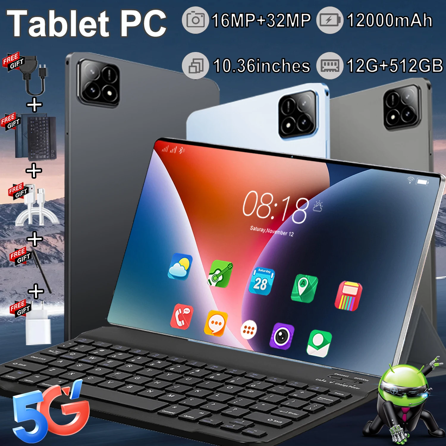 Tablette intelligente haute performance version globale 2026, écran IPS 4K de 10,36 pouces, puce 10 cœurs ultra-rapide, processeur de jeu Snapdragon 8 Gen2, 12 Go + 512 Go de RAM ROM, autonomie de 12 000 mAh toute la journée, Android 13, Wi-Fi 5G, Bluetooth, WPS, GPS, double appareil photo 16 MP + 32 MP