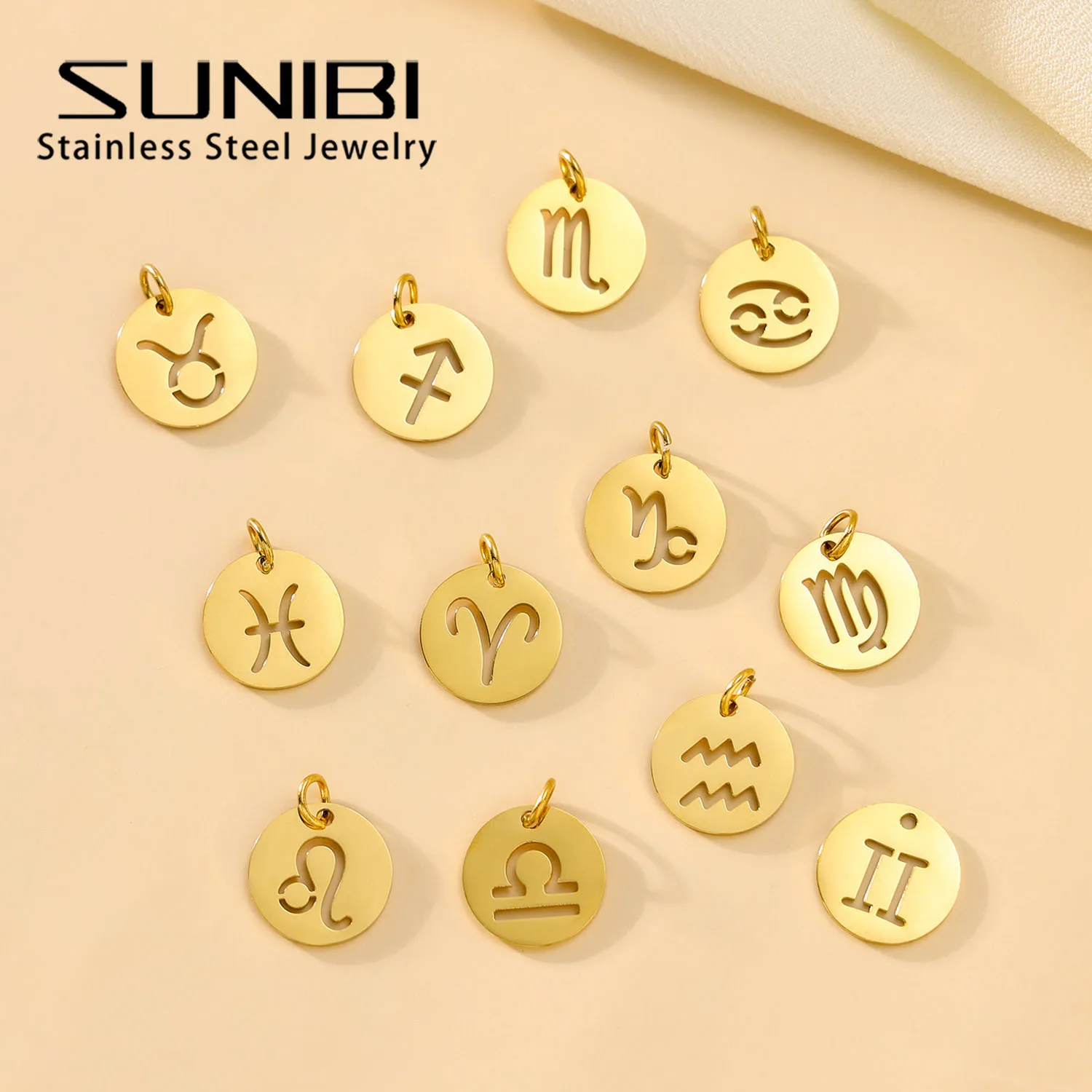 

SUNIBI DIY Stainless Steel Disc Components 12 Zodiac Charms for Handmade Jewelry Making Designer Gold Plated Charms for Bracelet