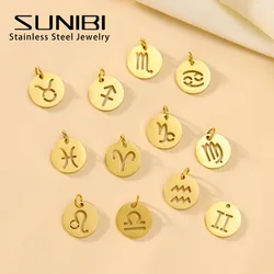 SUNIBI DIY Stainless Steel Disc Components 12 Zodiac Charms for Handmade Jewelry Making Designer Gold Plated Charms for Bracelet