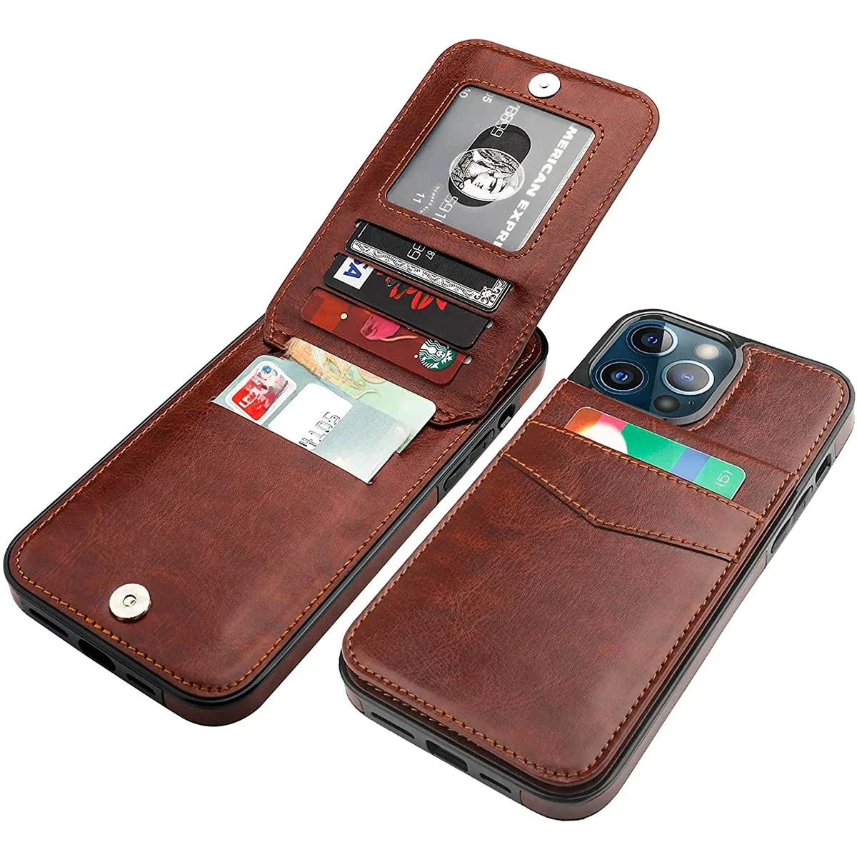 Skórzane etui z klapką do iPhone'a 16E 17 Air 16 15 13 12 Mini 14 11 18 Pro Max, etui-portfel z uchwytem na karty kredytowe i funkcją podstawki. — zdjęcie produktu 7