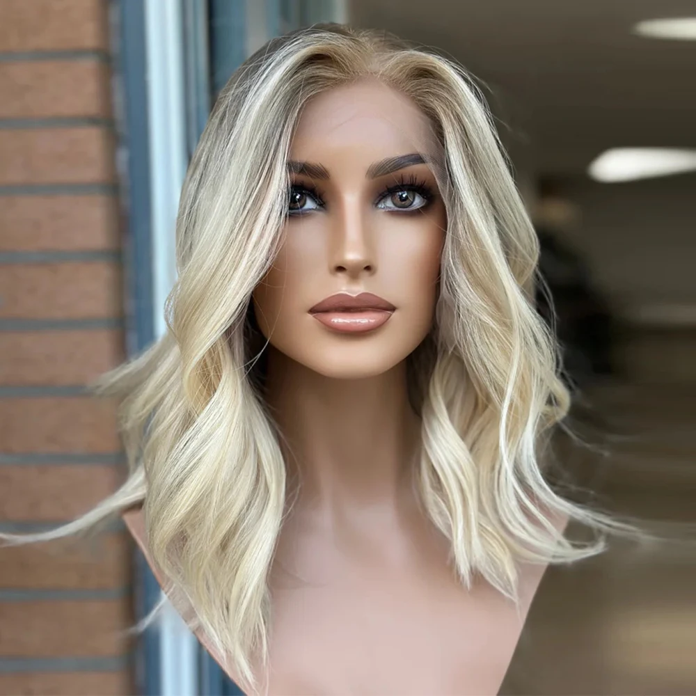 Luxury Creamy Blonde Natural Wave Human Hair Wigs Highlights Warm Brown Roots 13x6Frontal Lace Wig High Quality Transparent Lace