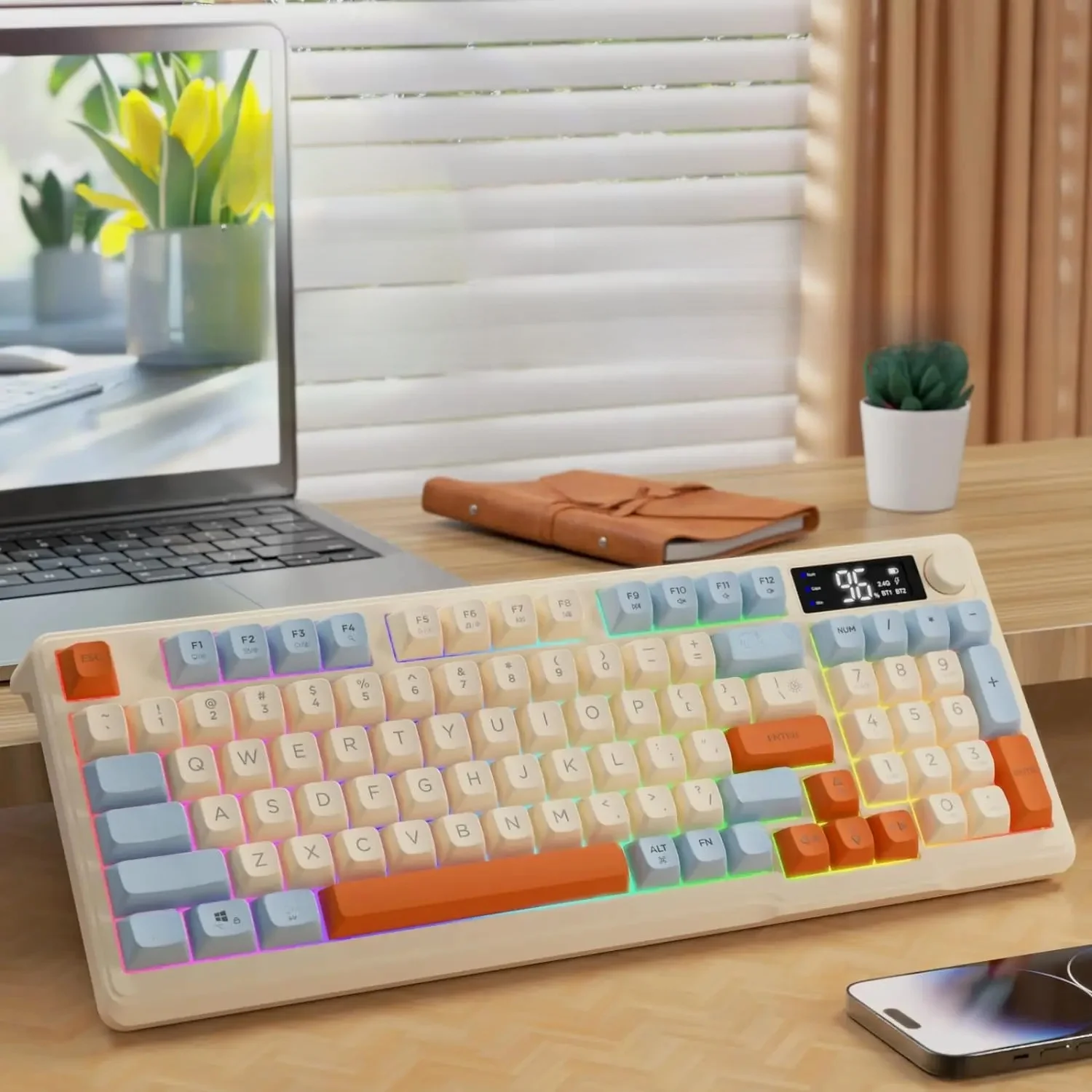 ZIYOU LANG M96 – kabellose Gaming-Tastatur mit Display und Drehregler, Bluetooth-/2,4-GHz-Membrantastatur mit leisem Betrieb, 3000-mAh-Akku, wiederaufladbar.