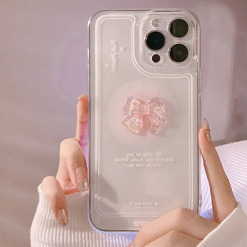 Przezroczyste etui z różową kokardką do iPhone'a 15 14 13 12 11 Pro Max Plus 7 8 SE XS, urocze, przezroczyste, stylowe, odporne na wstrząsy etui ochronne — zdjęcie 2