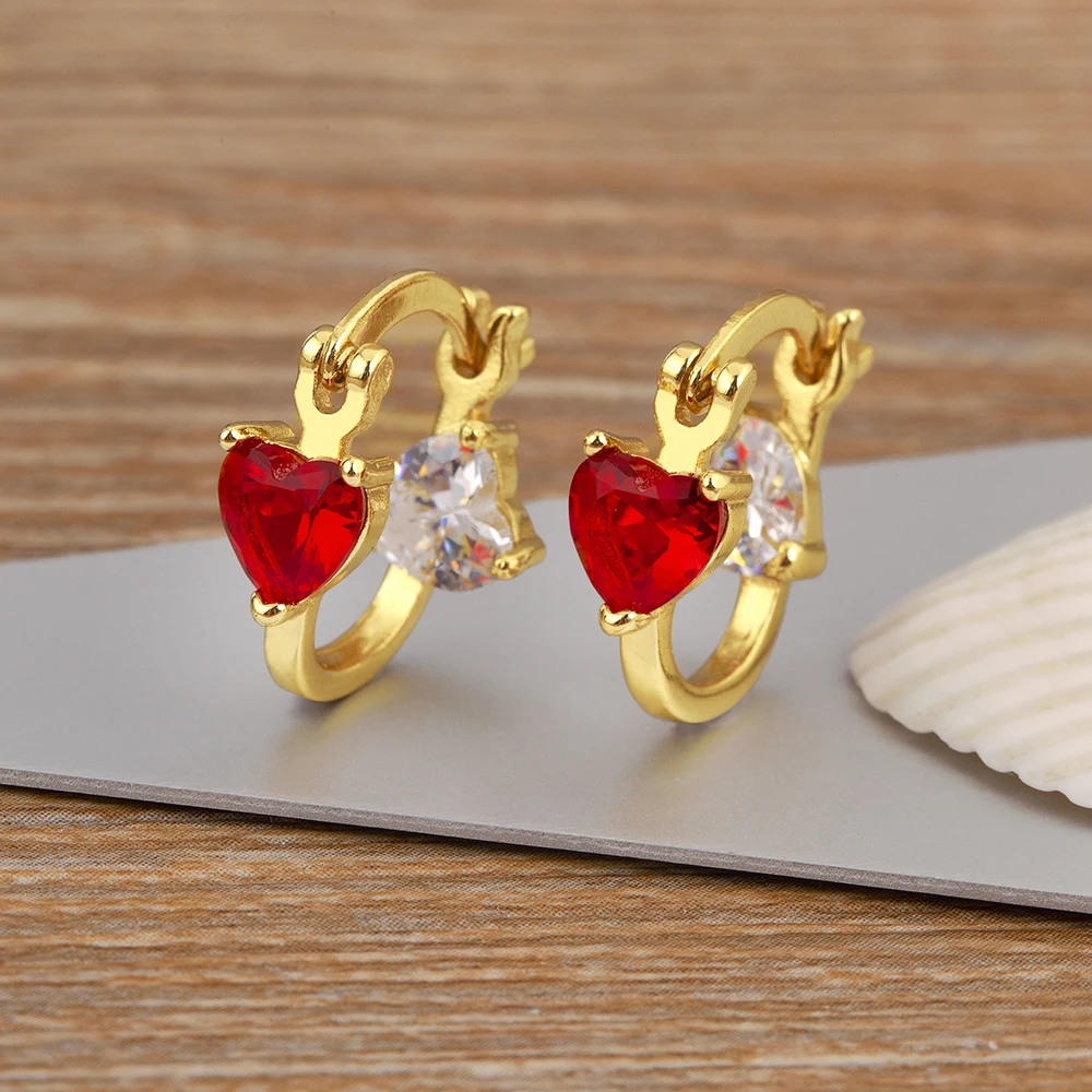 Nidin Korea Popular Heart Shape Inlaid Red/White Zircon Charm Drop Earrings For Women Female Birthday Party Sweet Jewelry Gifts