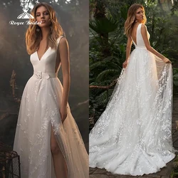 Charming V-Neck A-Line Tulle Wedding Dresses Split Sleeveless Lace Appliques Bridal Gowns Backless Court Train 2025 vestidos de