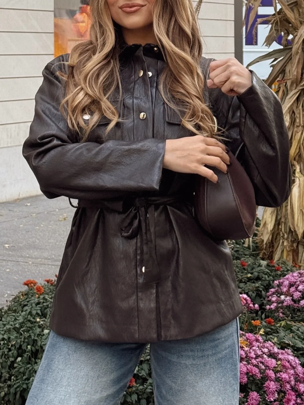 Casual Chic Chocolate Brown Leather Jackets Women Long Sleeve Buttons Sashes Coats Fashion 2025 Streetwear Outwears