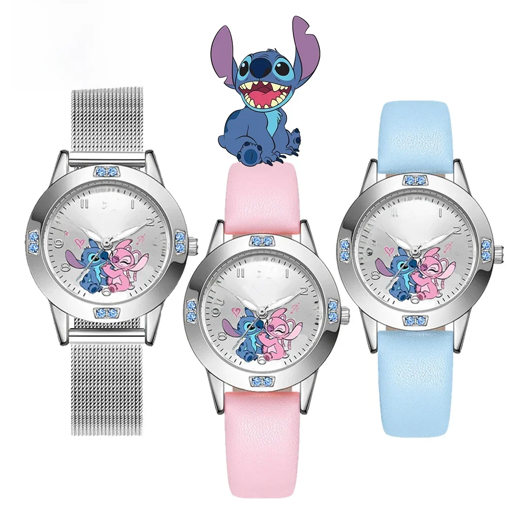 Disney Stitch Mädchenuhren Diamant Quarzuhr für Frauen Stich Cartoon Leder Armbanduhren Mode