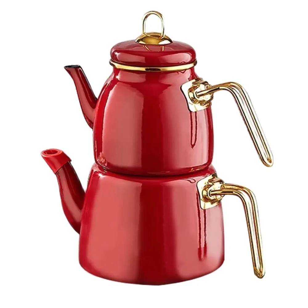 Red Enamel Teapot Top: 1Lt Bottom: 2 Lt Stainless High Quality Enamel Turkish Tea Heater Kitchen Supplies Coffee