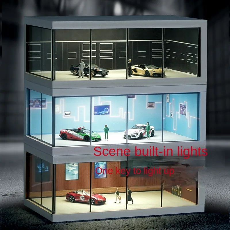 1:64 Garage Showcase Case Backdrop Built in LED Light Collectible Display Showcase for Doll Diecast Car Action Figures Accessory